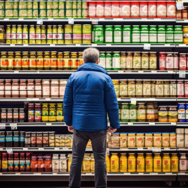 Shopper reviewing products on a supermarket shelf to check availability and shelf layout