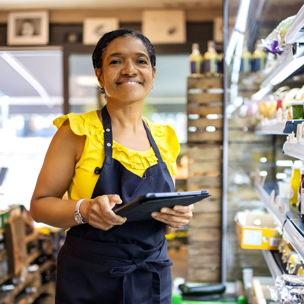 Retail store associate using a tablet to manage shelf merchandising and product availability